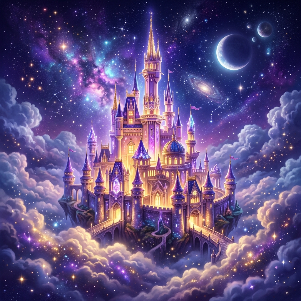 Magical castle glowing at night – StoryLand bedtime stories